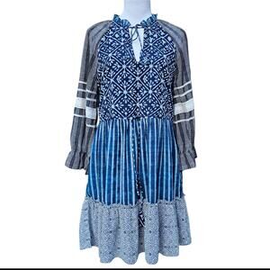 Tier Patchwork Dress Susan Tunic Hemant & Nandita Anthro Size S Blue Ruffle Lace